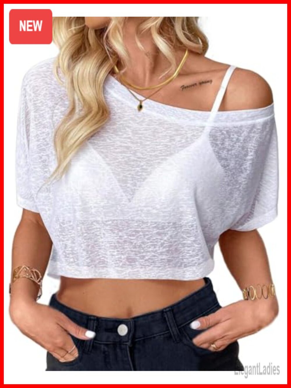 Women Off Shoulder Mesh Crop Top Short Sleeve Sheer Cropped Tee